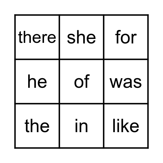 Sight Words Bingo Card
