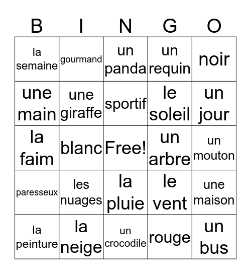 Mon vocabulaire Bingo Card