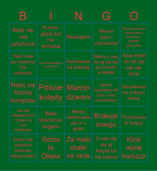 Untitled Cicha noc ulubiona kolenda taty/dziadka U mnie były ziemniaki i ryba Póście kolędy Ktoś wylał barszcz Ktoś nie ma sztućców Nawzajem Japierdole(reakcja na prezent)  Bella skacze po nogach Mama opowiada jak było u niej na światach Gdzie ta Oliwia  Bingo Card