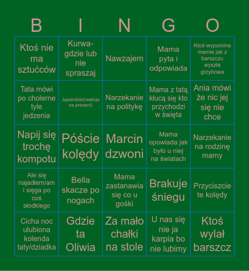Untitled Cicha noc ulubiona kolenda taty/dziadka U mnie były ziemniaki i ryba Póście kolędy Ktoś wylał barszcz Ktoś nie ma sztućców Nawzajem Japierdole(reakcja na prezent)  Bella skacze po nogach Mama opowiada jak było u niej na światach Gdzie ta Oliwia  Bingo Card