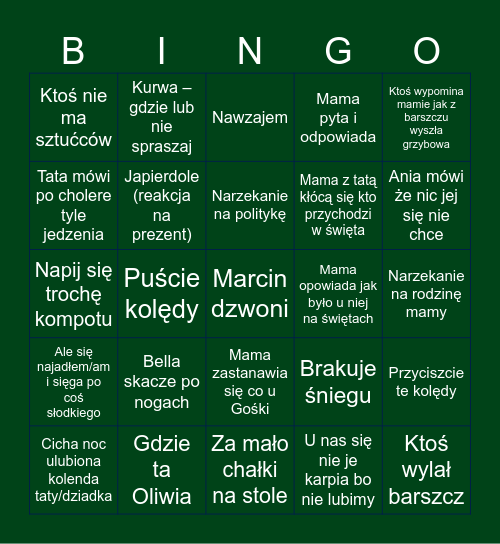 Untitled Cicha noc ulubiona kolenda taty/dziadka U mnie były ziemniaki i ryba Póście kolędy Ktoś wylał barszcz Ktoś nie ma sztućców Nawzajem Japierdole(reakcja na prezent)  Bella skacze po nogach Mama opowiada jak było u niej na światach Gdzie ta Oliwia  Bingo Card