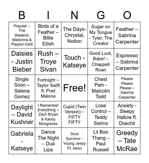 TiktTok Hits Bingo Card