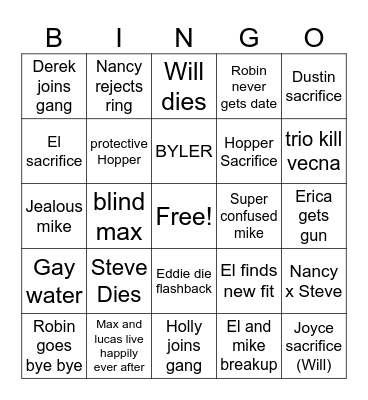Stranger things Bingo Card