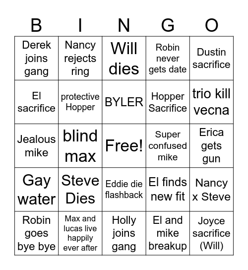 Stranger things Bingo Card