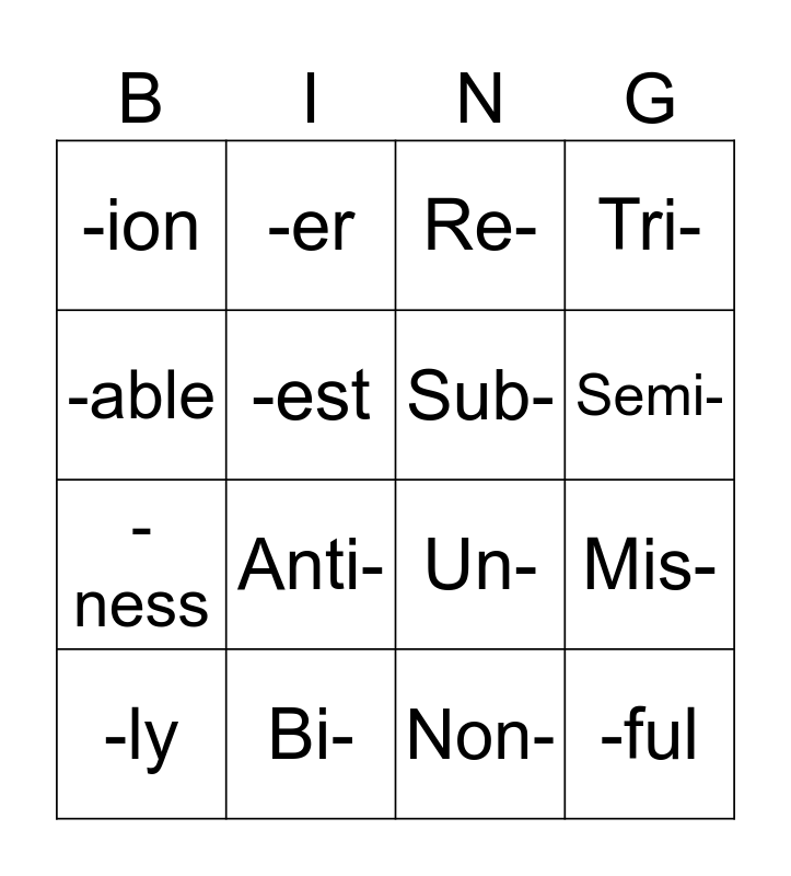 Prefix Suffix Bingo Card