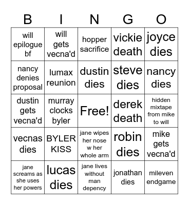 stranger things Bingo Card