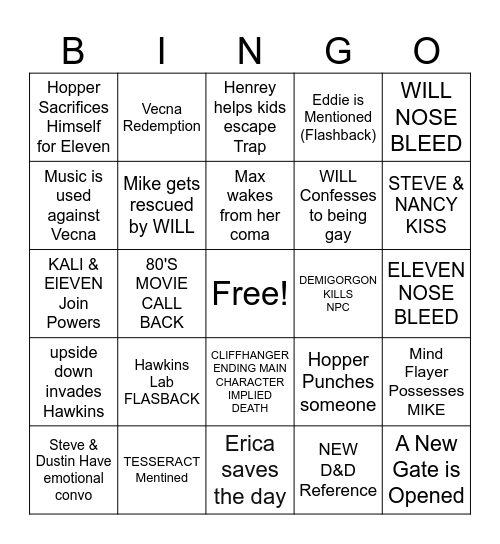 STRANGER THINGS BINGO Card