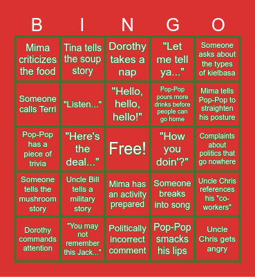 A Freiwald Family Christmas Eve Bingo Card