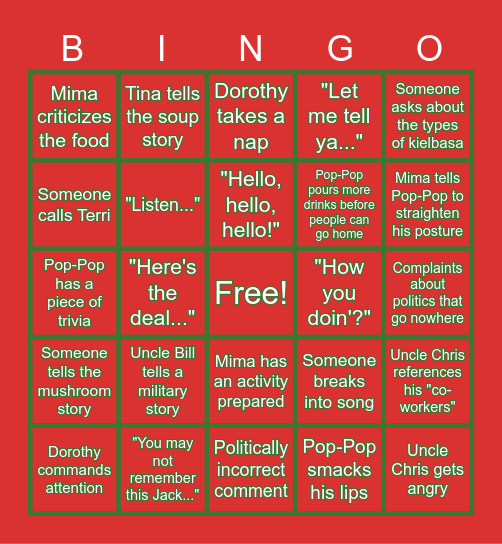 A Freiwald Family Christmas Eve Bingo Card