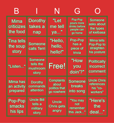 A Freiwald Family Christmas Eve Bingo Card
