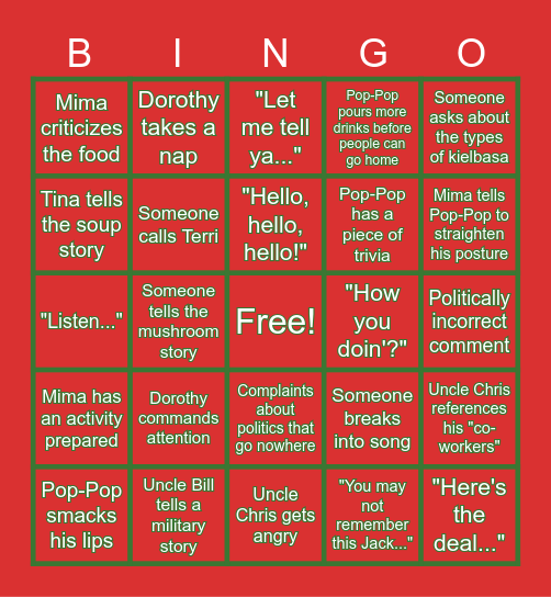 A Freiwald Family Christmas Eve Bingo Card