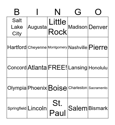State Capitals Bingo  Bingo Card