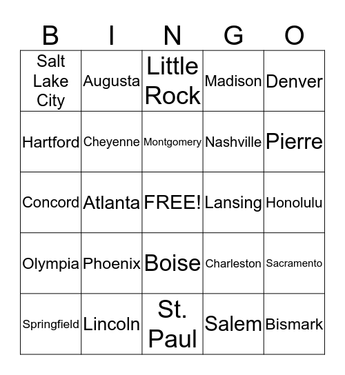 State Capitals Bingo  Bingo Card