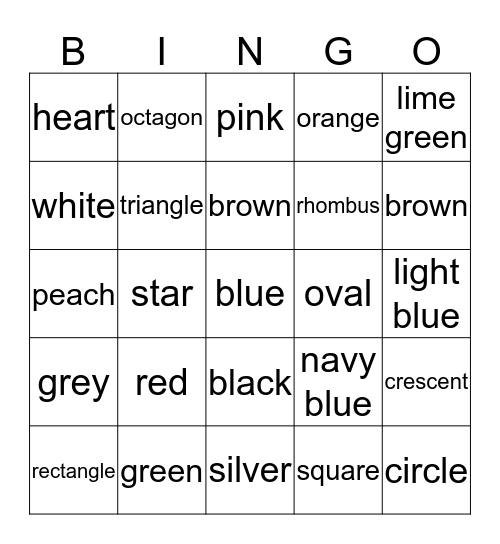 Colors / Shapes Bingo Card
