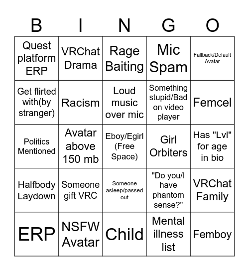 VRChat New Years Bingo Card
