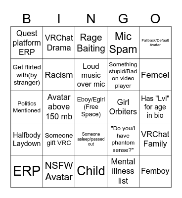 VRChat New Years Bingo Card