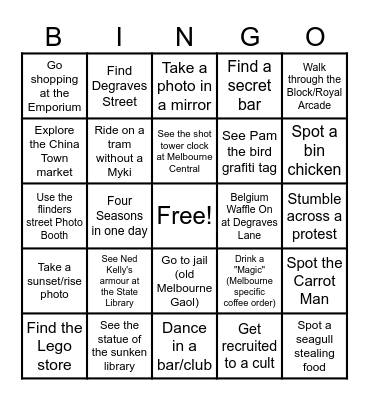Location: Central CBD, State Library, & Laneways Bingo Card