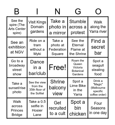 Location: Flinders St, Yarra River, & Arts Precinct Bingo Card