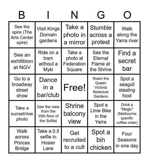 Location: Flinders St, Yarra River, & Arts Precinct Bingo Card