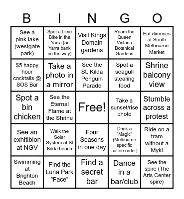 Location: St Kilda, South Melbourne, & Brighton Bingo Card