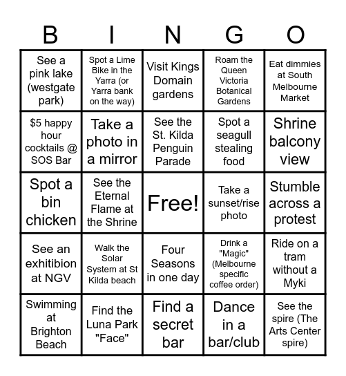 Location: St Kilda, South Melbourne, & Brighton Bingo Card