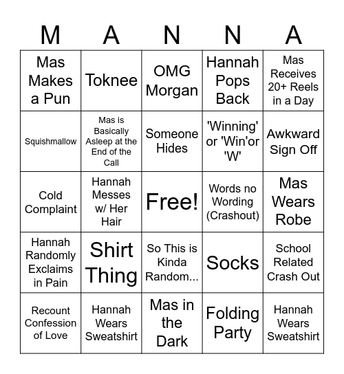 Mannah Bingo Card