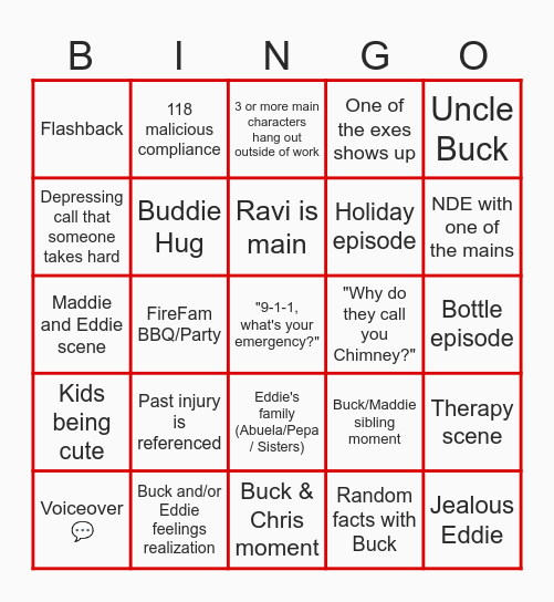 9-1-1 S9 Bingo Card