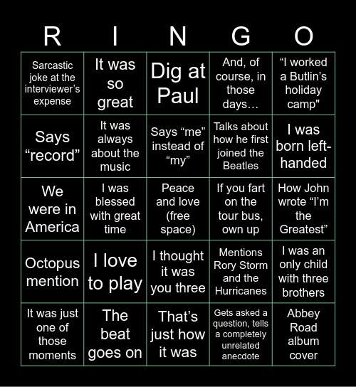 Ringo Starr Interview Bingo Card