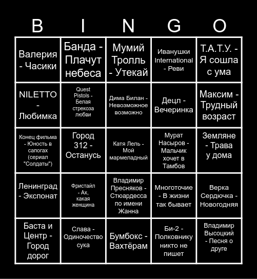 Russian Music Bingo Card