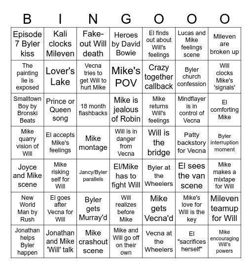 Caitlin's Byler-heavy Vol. 2 Bingo Card