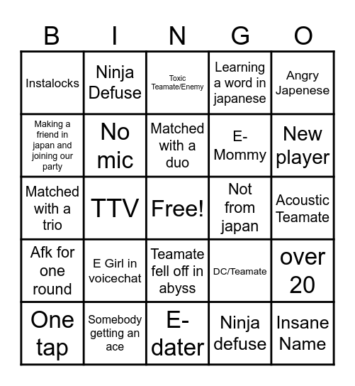Valorant Bingo Card