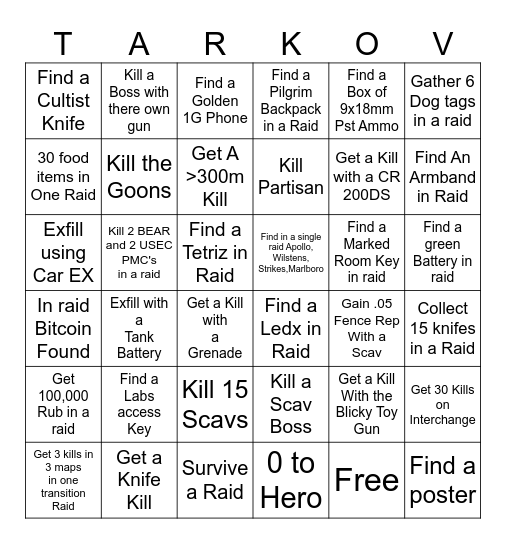 Tarkov Bingo Card