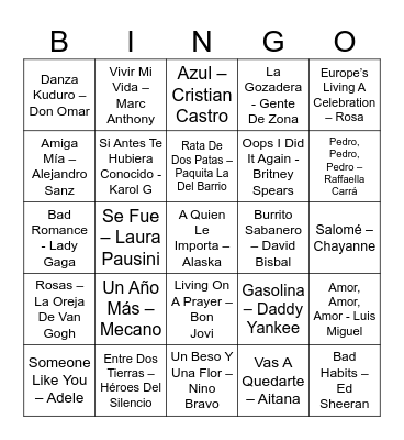 Bingo Musical Bingo Card