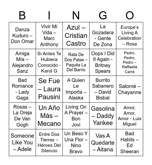 Bingo Musical Bingo Card