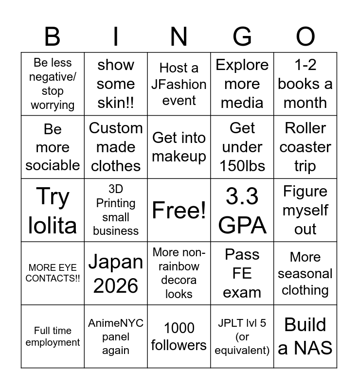 2026 Goals Bingo Card