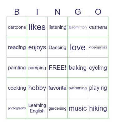 Hobbies Bingo Card