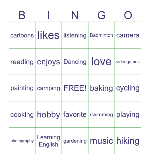 Hobbies Bingo Card