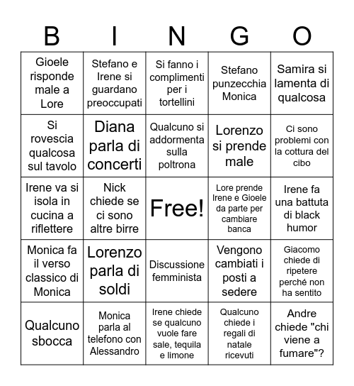 Family Dinner Bingo Card