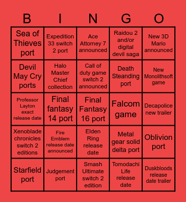 Nintendo Direct 2026 Bingo Card