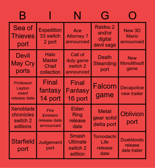 Nintendo Direct 2026 Bingo Card