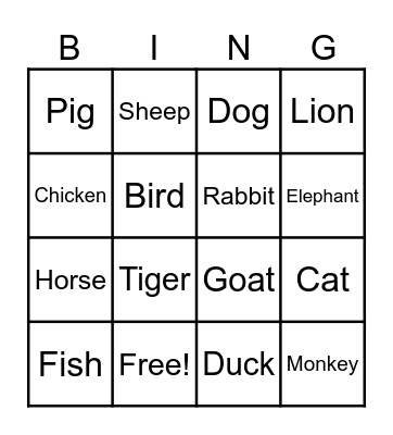 Animals Bingo Card