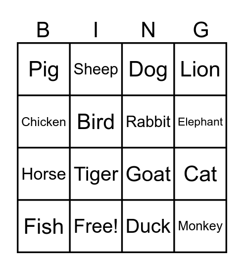 Animals Bingo Card
