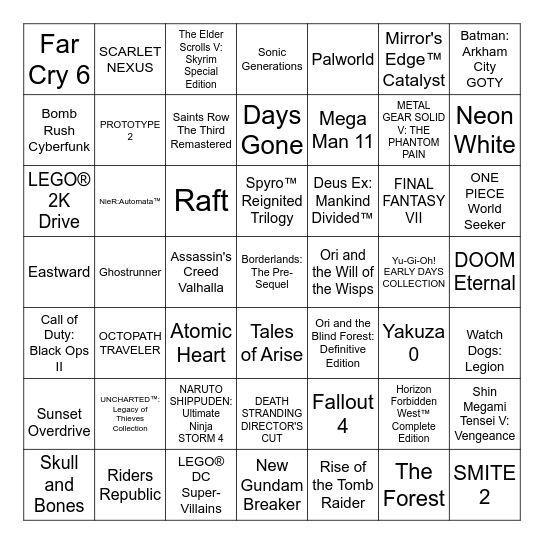 2026 100% Steam Achievement Video Games Bingo Card