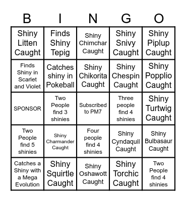 PM7 Shiny Pokemon Bingo Card