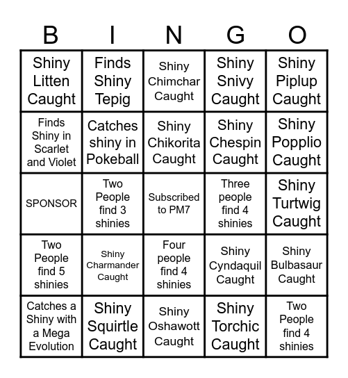 PM7 Shiny Pokemon Bingo Card