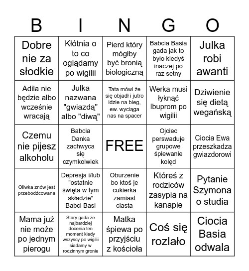Święta 2025 Bingo Card