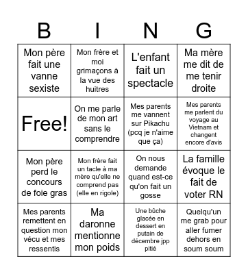 Noel désastreux 2025 Bingo Card