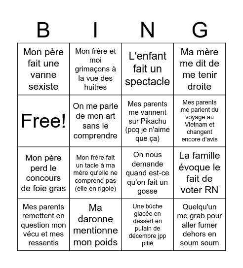 Noel désastreux 2025 Bingo Card