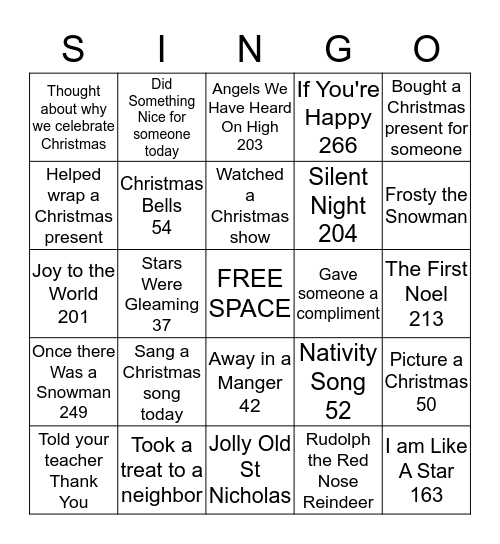 Christmas Singo Bingo Card