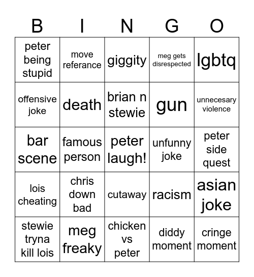family guy Bingo Card